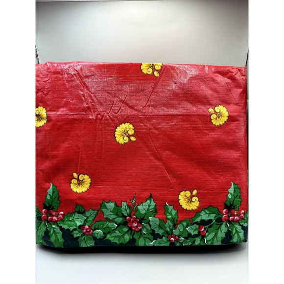 Trim A Home Christmas Vinyl Tablecloth 52" X 102" Flannel Back Holly Poinsettia - Picture 9 of 12
